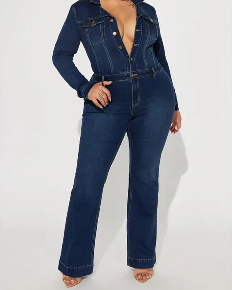 Slim-Fit Stretch Flared Long-Sleeved Denim Jumpsuit