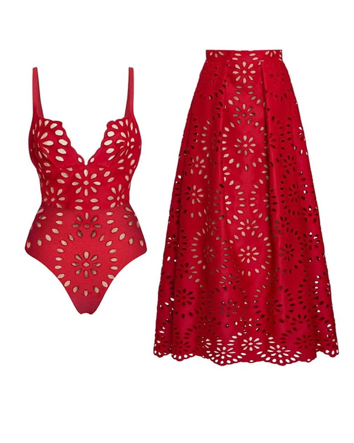 Flower Hollow One Piece Swimsuit and Skirt-Curvy-Faja