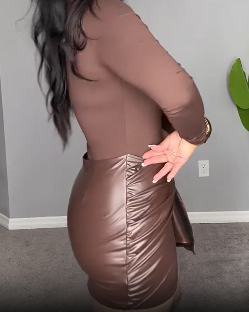 Women's Front-Tie PU Trim Long-Sleeved Mini Dress