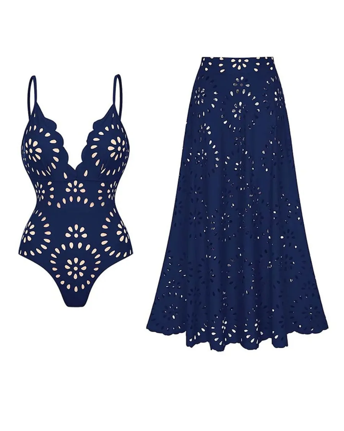 Flower Hollow One Piece Swimsuit and Skirt-Curvy-Faja