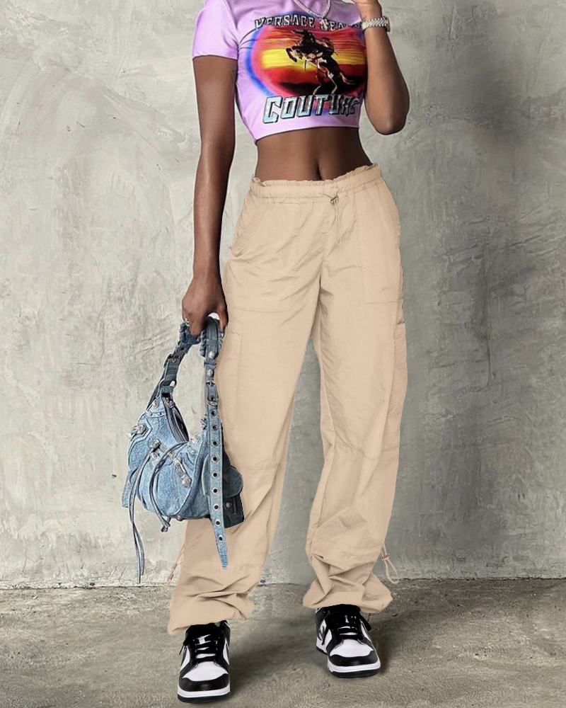 Loose-Fitting Straight-Leg Cargo Casual Pants-Curvy-Faja