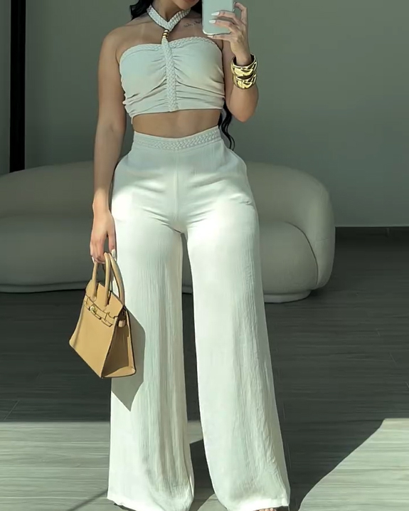 Braided Trim Two Piece Outfit with Flared Trousers