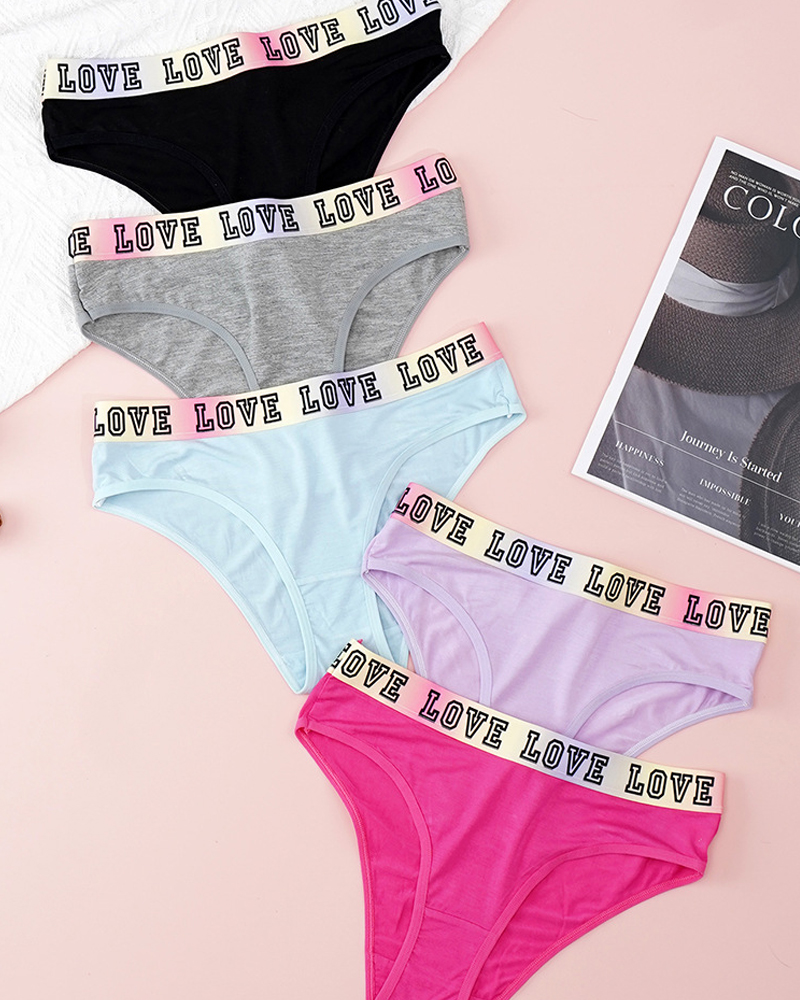 5 Colors Pure Cotton Crotch Letter Stretch Briefs-Curvy-Faja