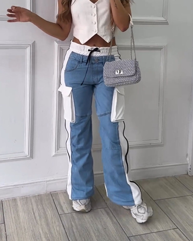 Patchwork Cargo Jeans With Lace-Up (Pre-Sale)