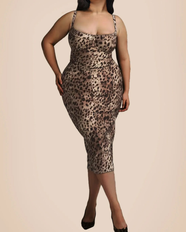 U-Neck Leopard Print Suspender Dress-Curvy-Faja