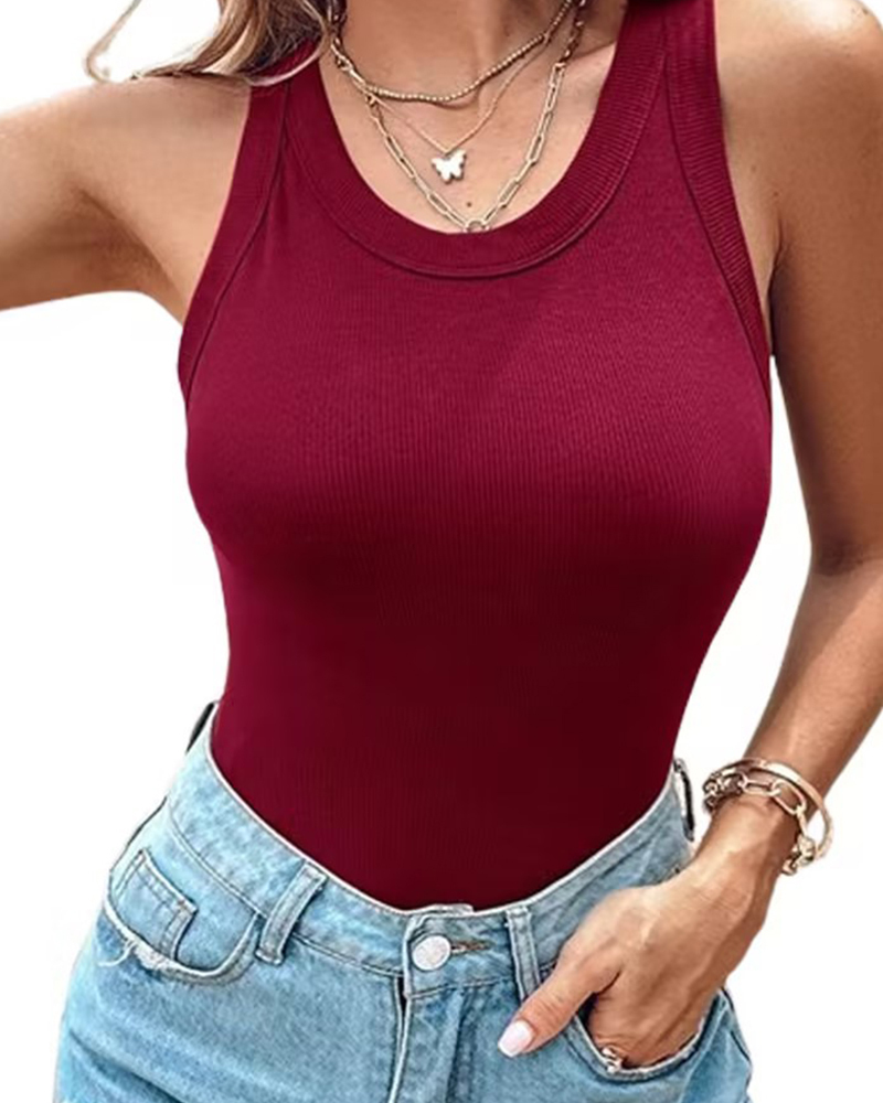 Round Neck Built-in Bra Ribbed Tank Top