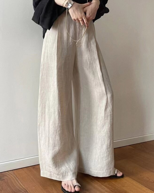 Cotton And Linen Casual Wide Leg Pants-Curvy-Faja