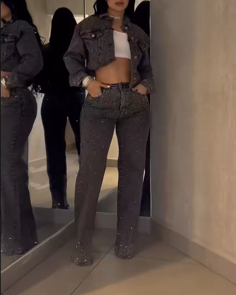 Dark Gray Diamond Studded Straight Leg Jeans (Pre-Sale)