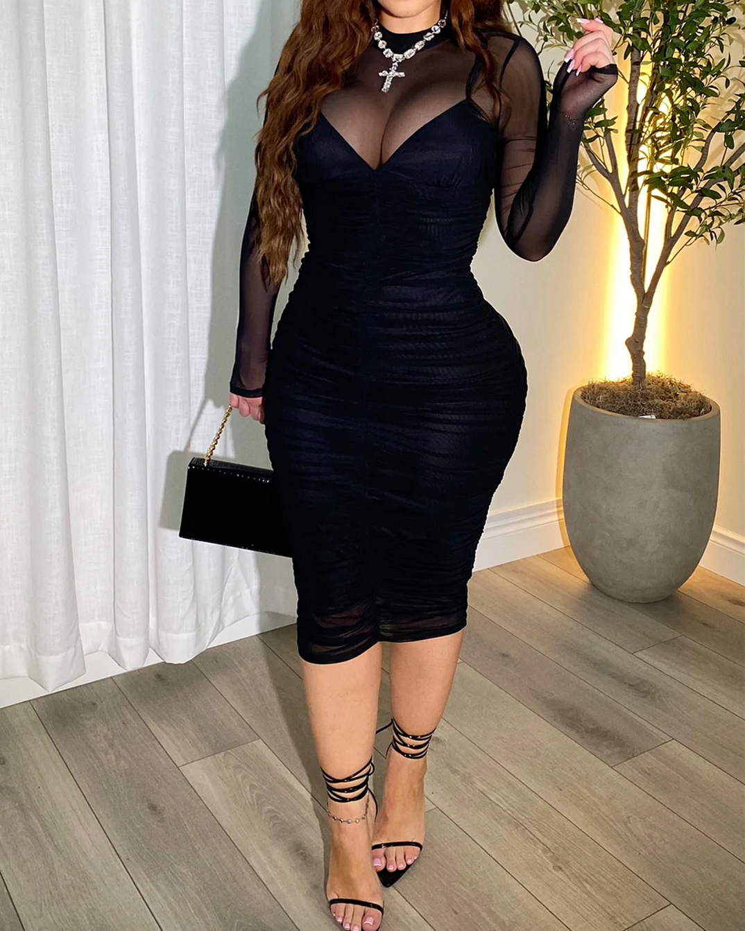 Mesh Splicing Breathable Long Sleeved Tight Dress（Pre-Sale）