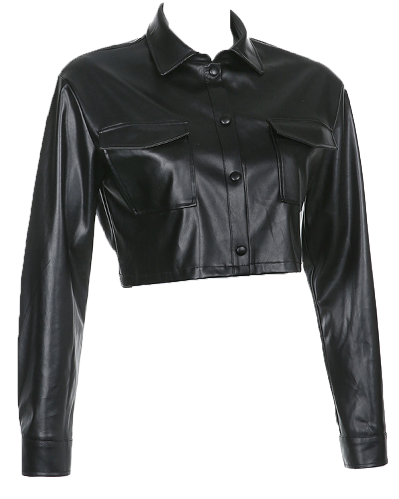 Long-Sleeved PU Leather Jacket Short Coat