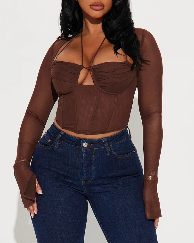 Mesh Patchwork Versatile Fishbone Halter Neck Tie-Waist Cropped Top