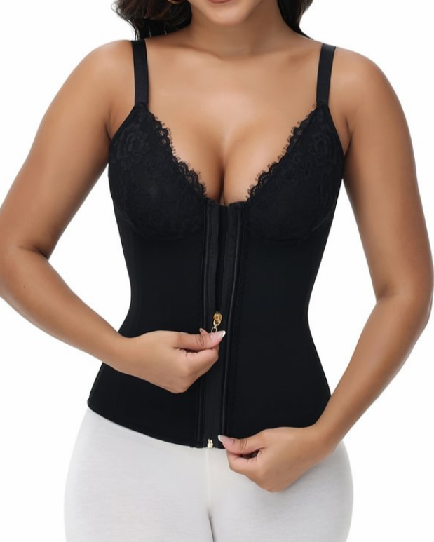 Deep V Lace Corset Top Trimmed Waist Trainer with Front Zipper-Curvy-Faja