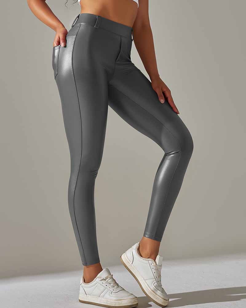 Pocket Pu Leather Pants With Tight Belly And High Waist