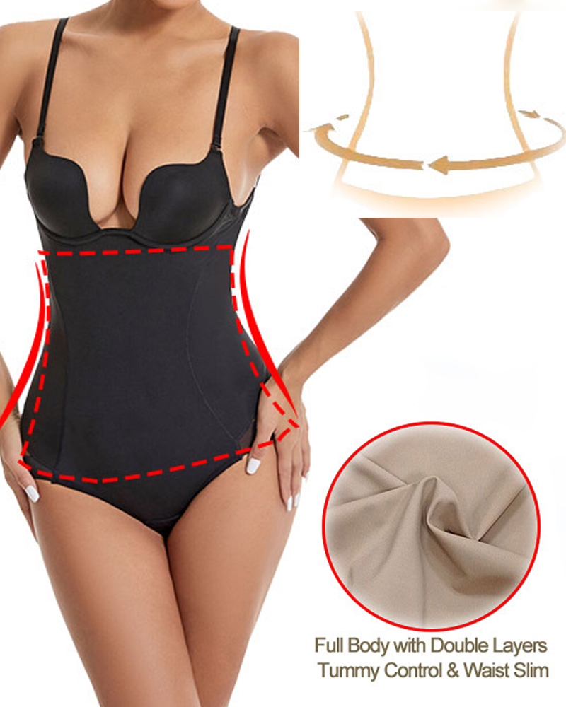 U-Shaped Bra Striped Mesh Belly Shaping Bodysuit-Curvy-Faja