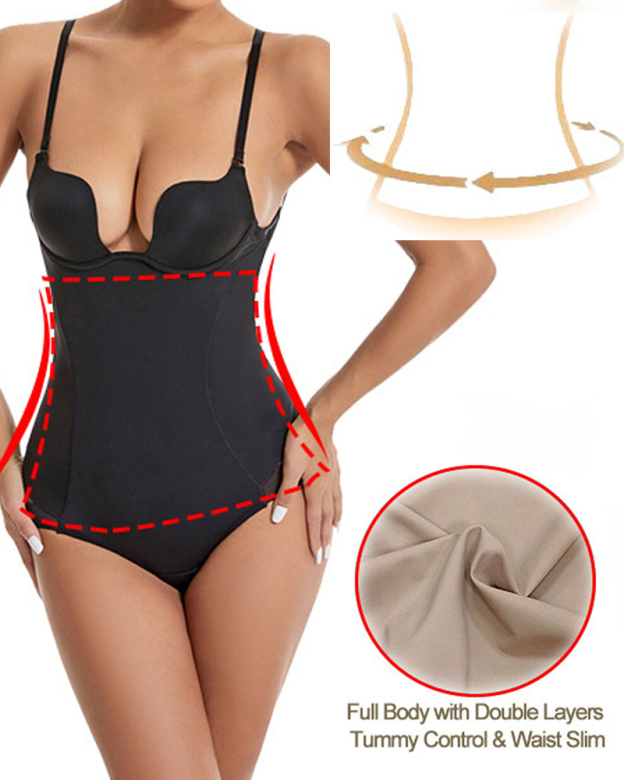 U-Shaped Bra Striped Mesh Belly Shaping Bodysuit-Curvy-Faja