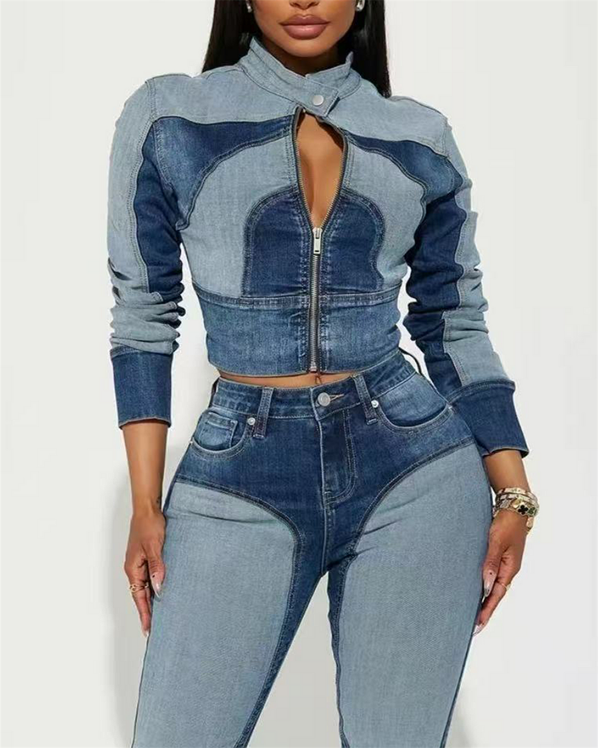 Patchwork Denim Jacket-Curvy-Faja