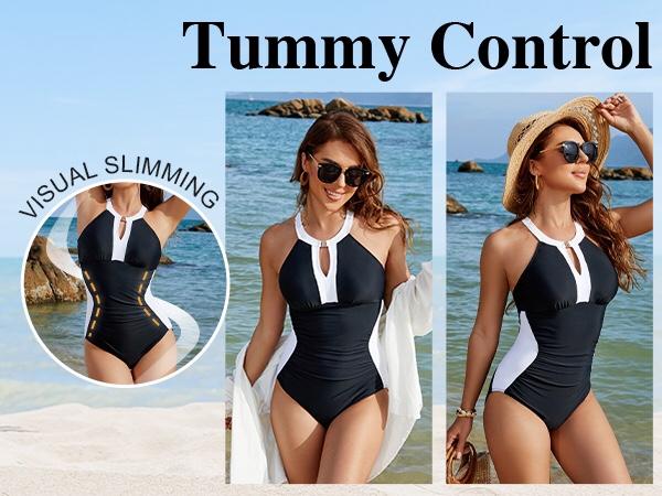 BMJL Plus Size Full Coverage Retro Color Block Swimwear Women Tummy Control Modest One Piece Swimsuit #SwimWeek #Summervibes summerwins