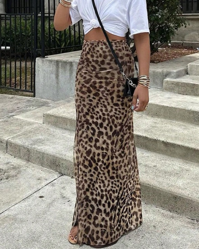 Leopard Print High-Waisted Midi Skirt