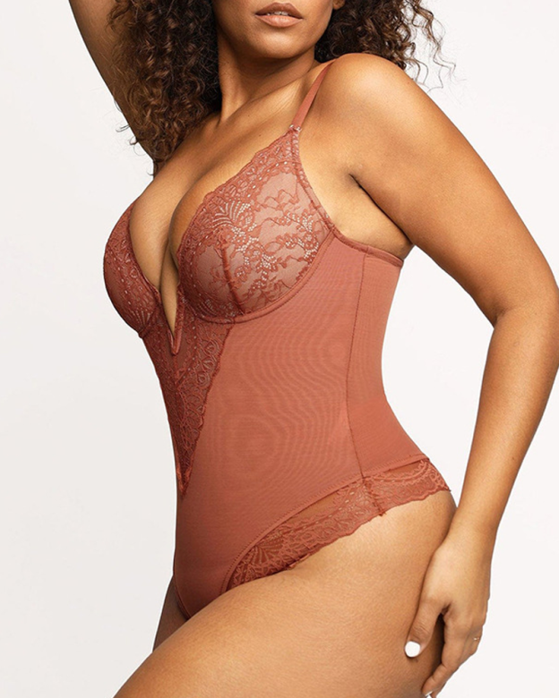 Deep V-Neck Shaping Lace Bodysuit