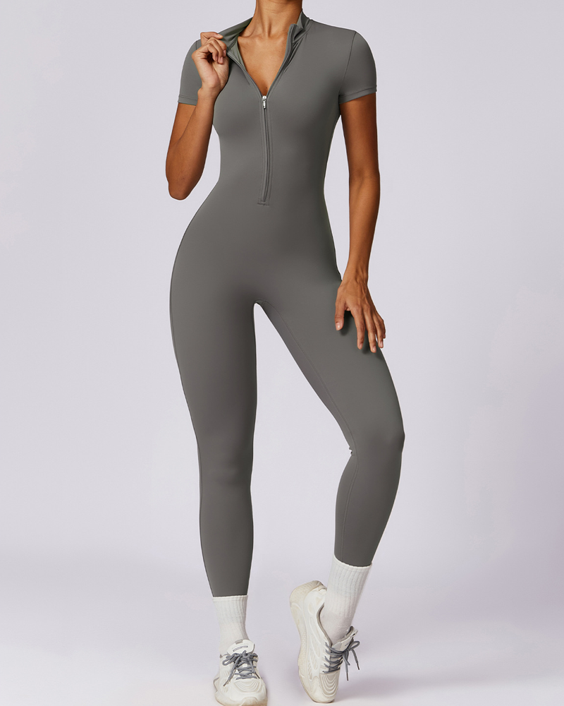 Zippered Short-Sleeved Slim-Fit Jumpsuit
