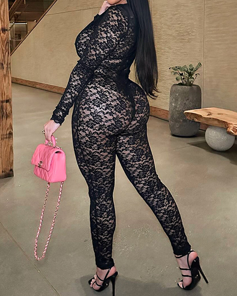 Lace See-Through Sexy Hot Girl Jumpsuit-Curvy-Faja