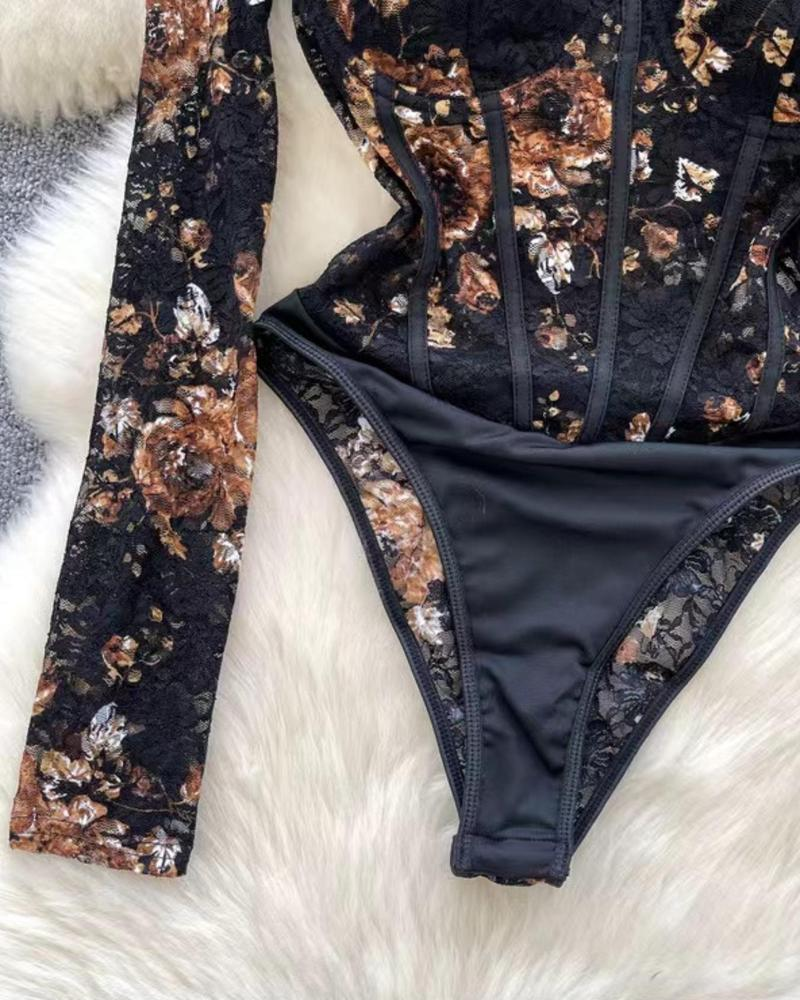 Elegant Lace Floral Square Neck Tulle Long Sleeves Underwire Bodysuit
