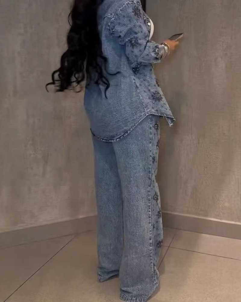 Heavy-Duty Beaded Floral Sequined Casual Straight-Leg Jeans (Pre-Sale)