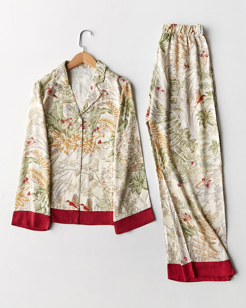 Contrast Color Plant Ice Silk Pajamas Set