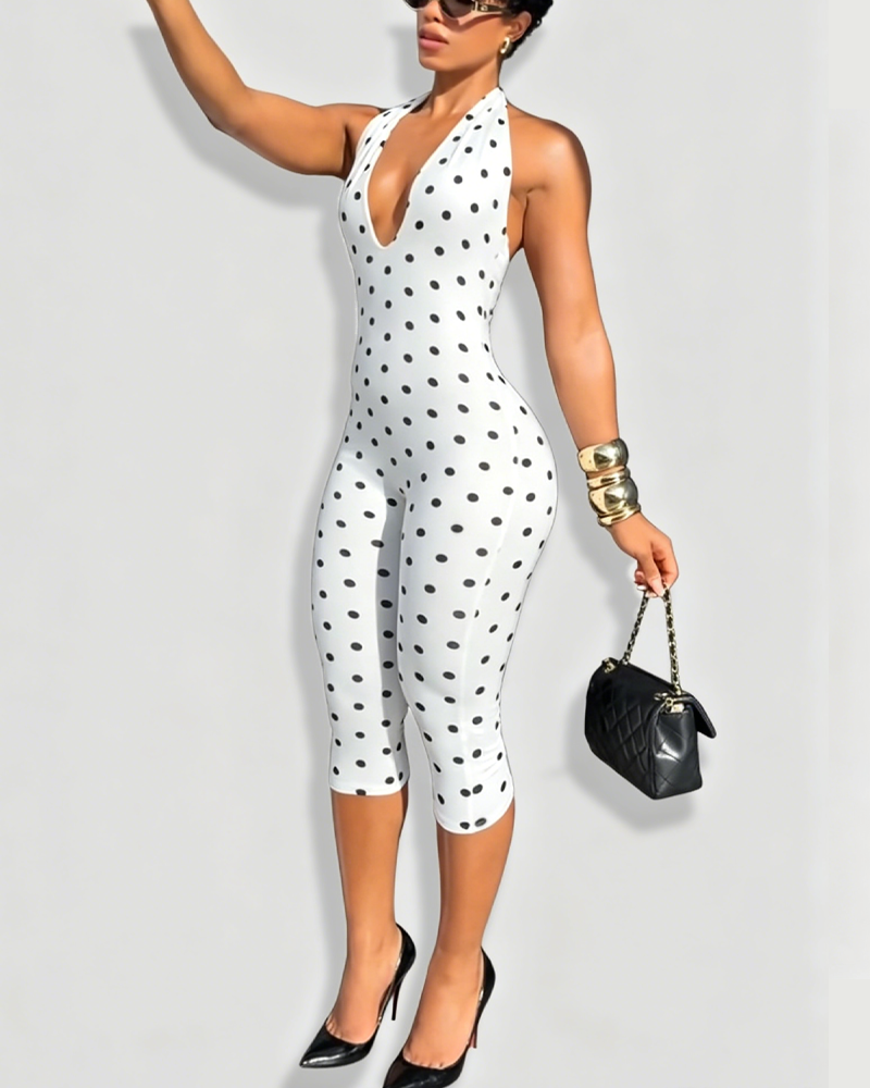 V-Neck Halter Backless Polka Dot Jumpsuit (Pre-Sale)