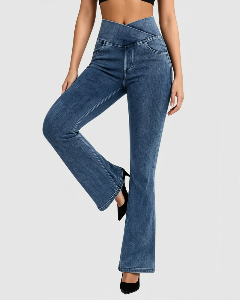 High Waist Stretch Cross Design Flare Skinny Jeans