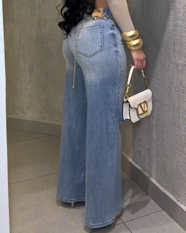 Women's High-Stretch Ripped Wide-Leg Jeans（Pre-Sale）