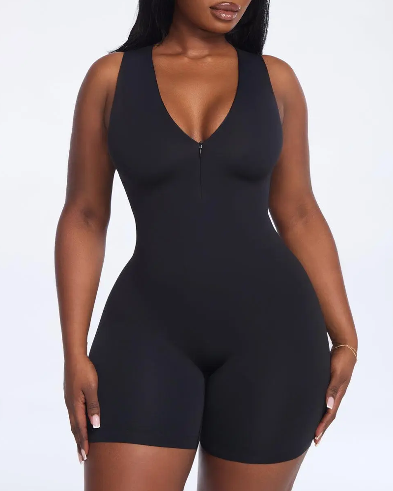 V-Neck Zipper Front Tummy Control Short Shapewear Bodysuit（Pre-sale）