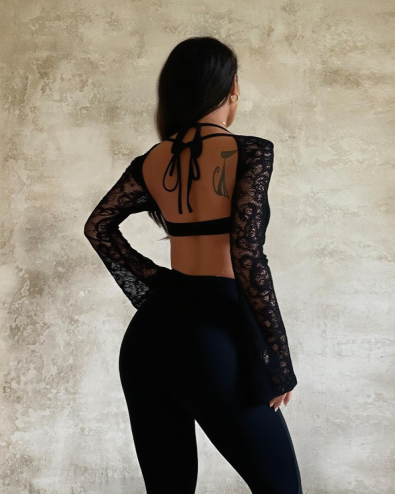 Elegant And Slim-Fitting Long-Sleeved Lace Backless Jumpsuit