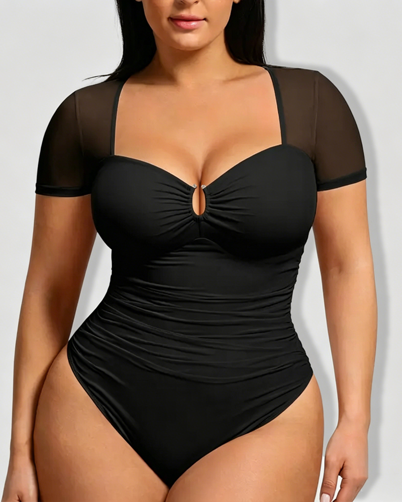 Sheer Mesh Short-Sleeve Ruched Thong Bodysuit（Pre-Sale）