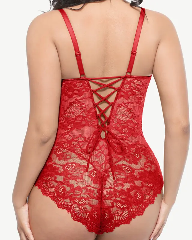 Lace V-Neck Crisscross Back Tummy Control Shaping Bodysuit（Pre-Sale）