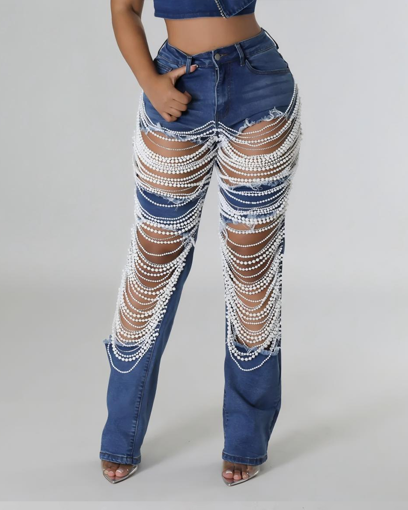 Ripped Heavily Beaded Stretch Jeans