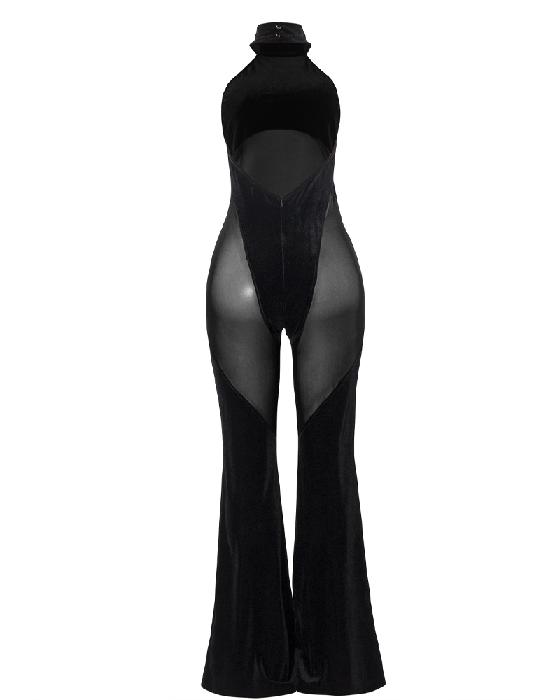 See-Through Flared Pants Backless Halter-Neck Tulle Jumpsuit-Curvy-Faja