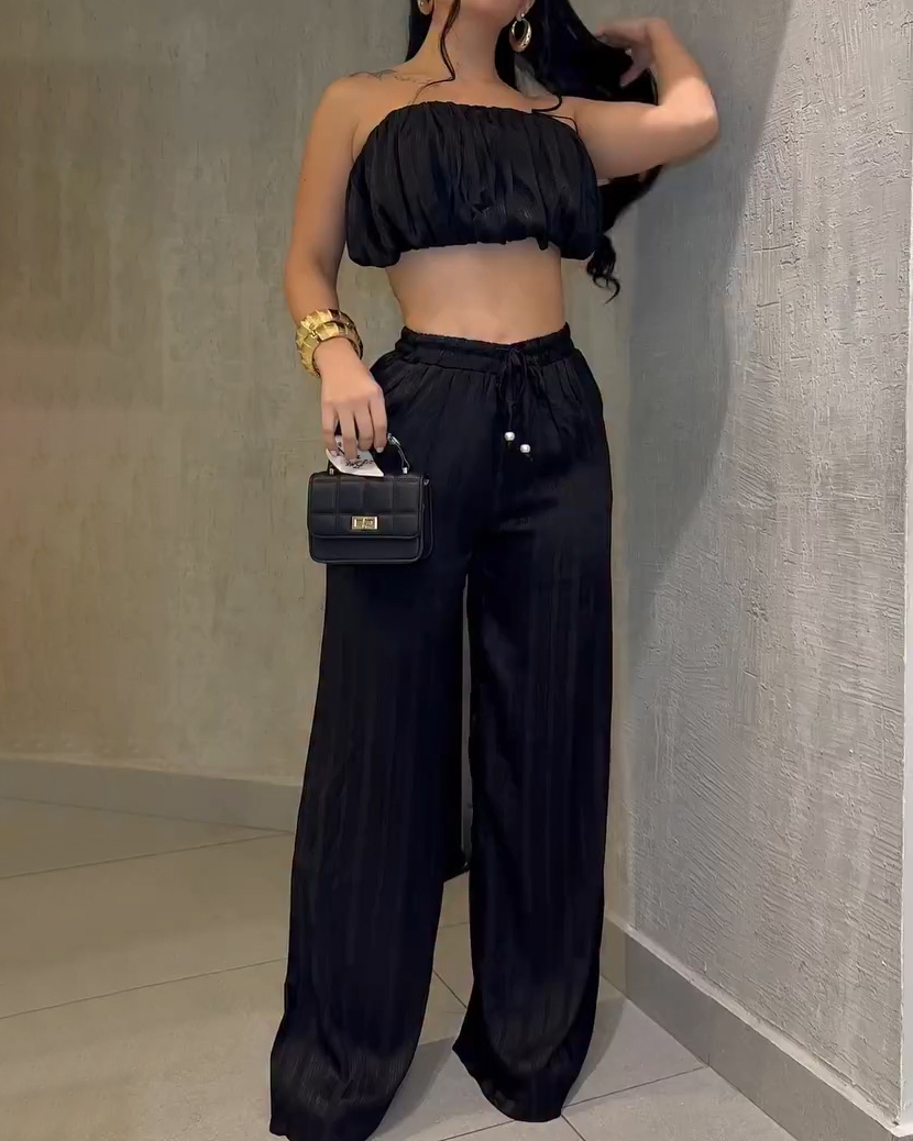 Shinny Bandeau Wide-Leg Slim Fit 2-Piece Set（Pre-Sale）