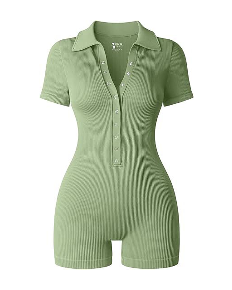 Ribbed V-Neck Elastic Waist-Cinching Tummy-Control Sports Yoga Bodysuit