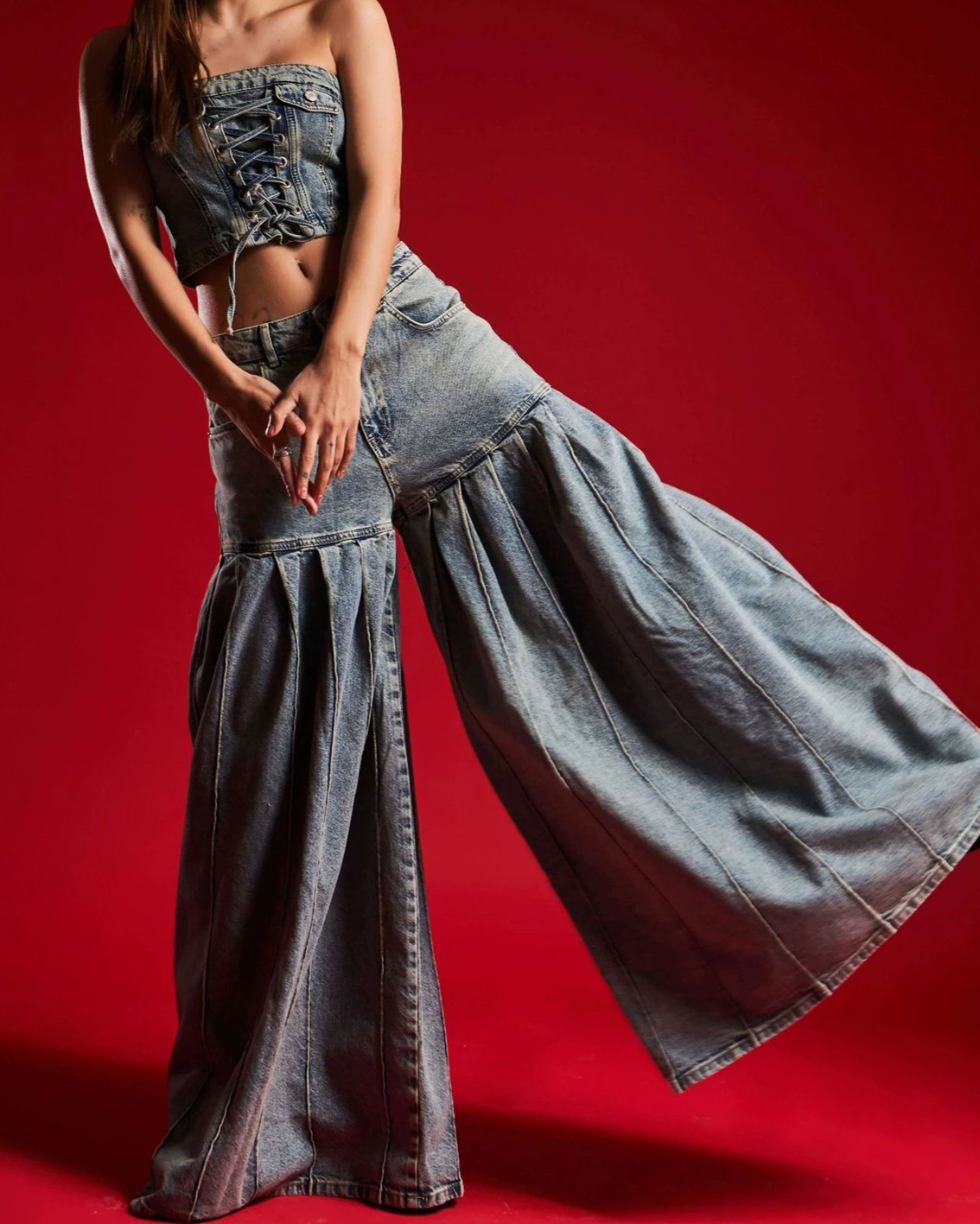 CURVY-FAJA Reloj de arena Denim Culottes and Vest Set