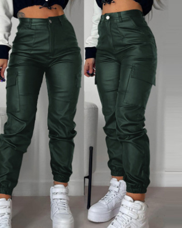 Zipper Pleated PU Casual Patch Pocket Skinny Pencil Trousers-Curvy-Faja