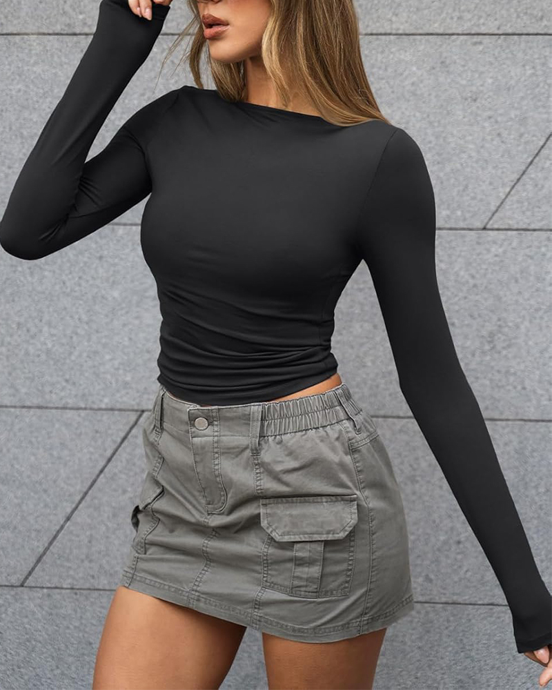 Slim Fit Long Sleeve Boat Neck T-Shirt Top-Curvy-Faja