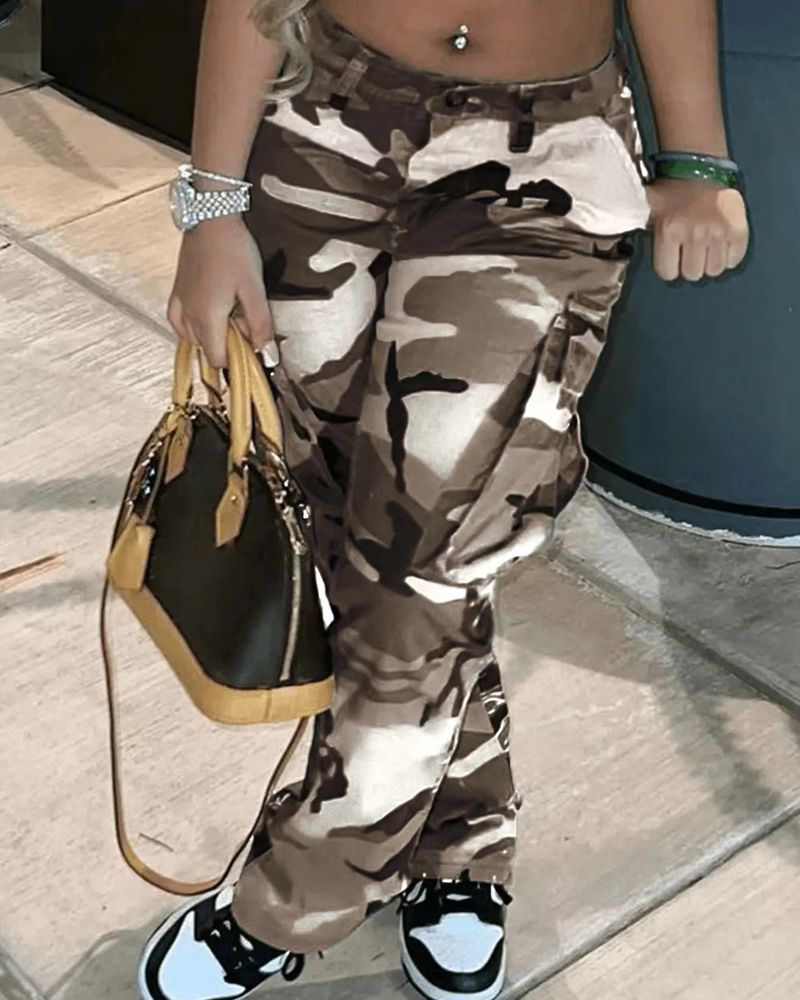 High-Rise Straight-Leg Camouflage Cargo Trousers-Curvy-Faja