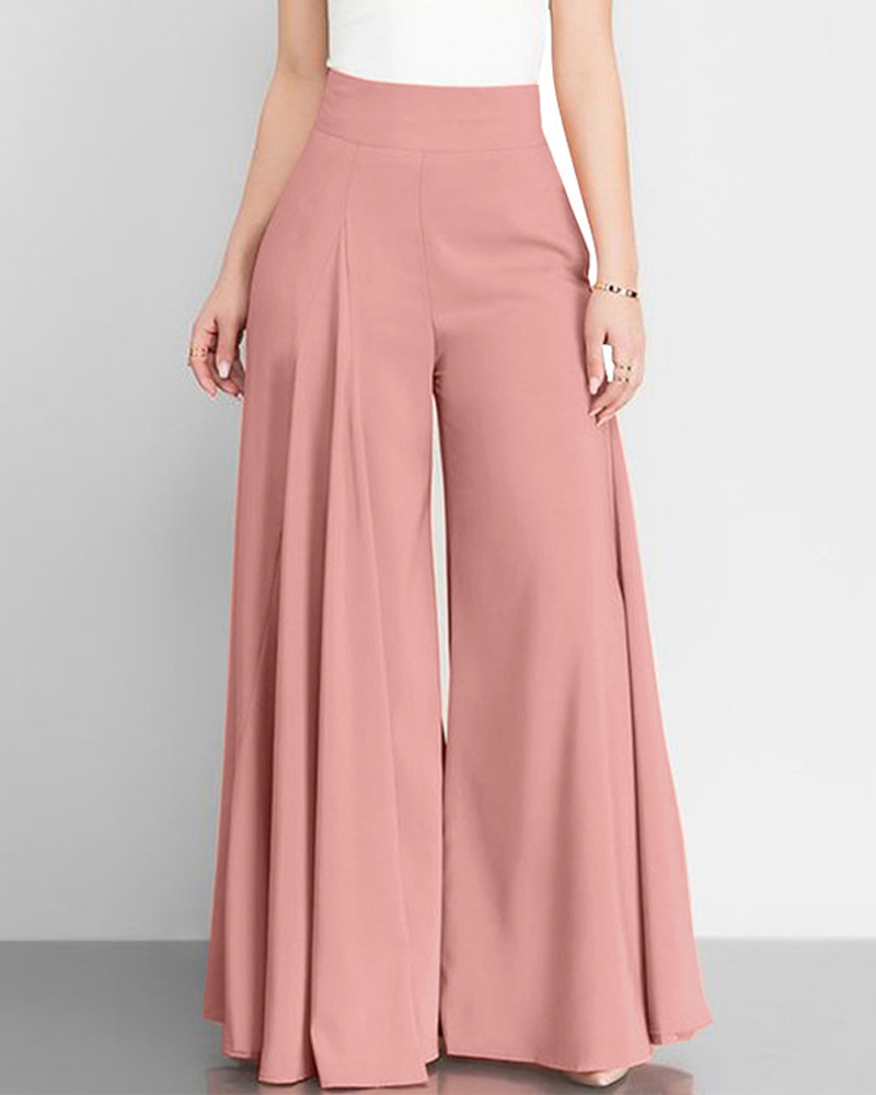 Solid Color High Waist Wide Leg Pants-Curvy-Faja