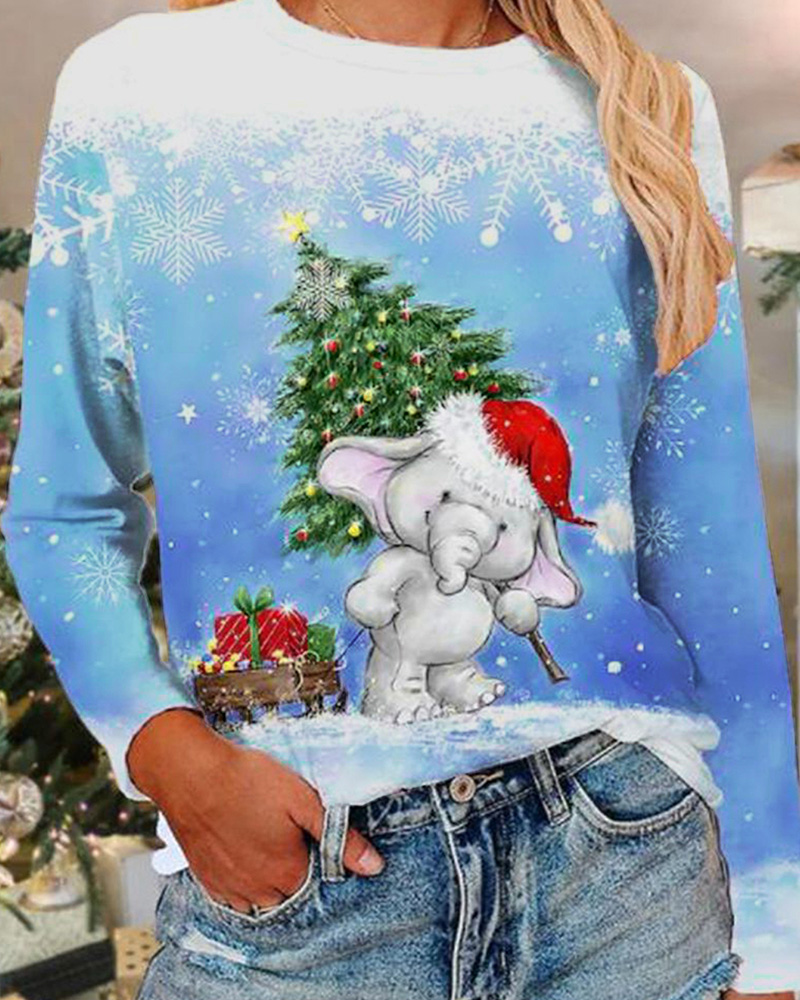 Christmas Casual Crew Neck Long Sleeve T-Shirt Top-Curvy-Faja