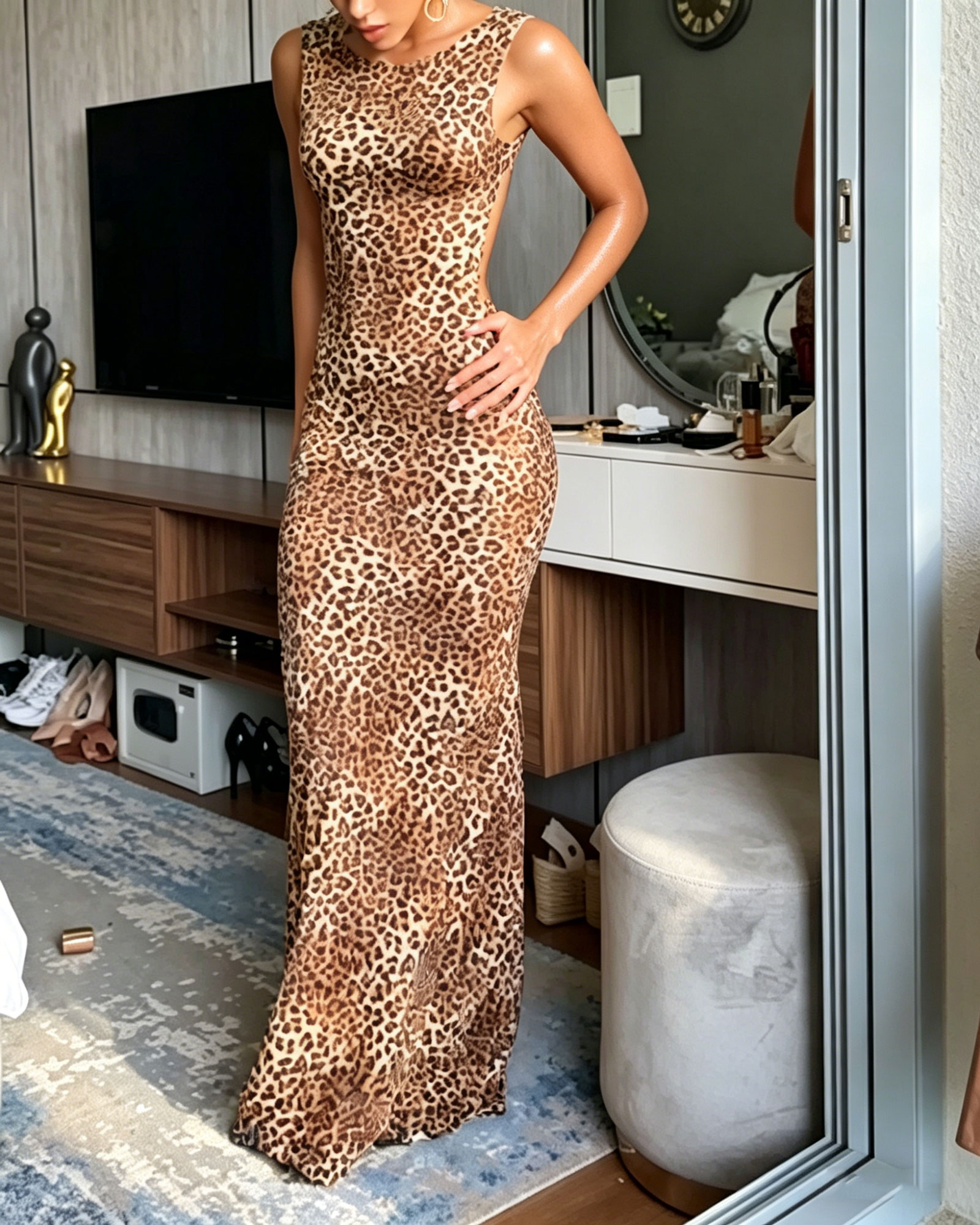 Leopard Print Low-Back Sleeveless Maxi Dress (Pre-Sale)