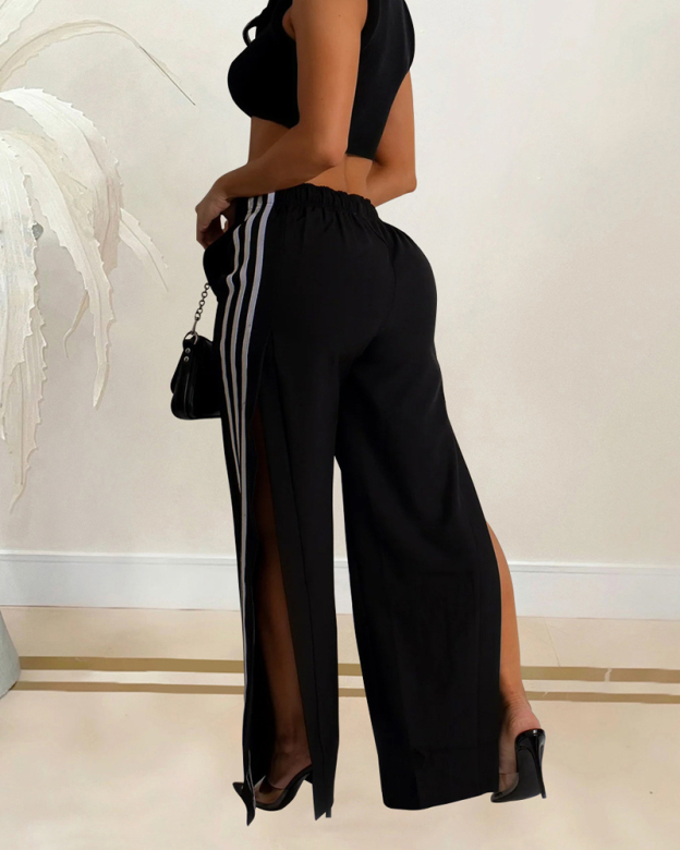 Side Stripe Solid Color Sports Casual Pants-Curvy-Faja