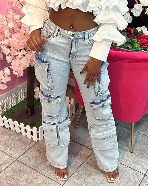 Streetwear-Style High-Waisted Stretch Washed Multi-Pocket Jeans