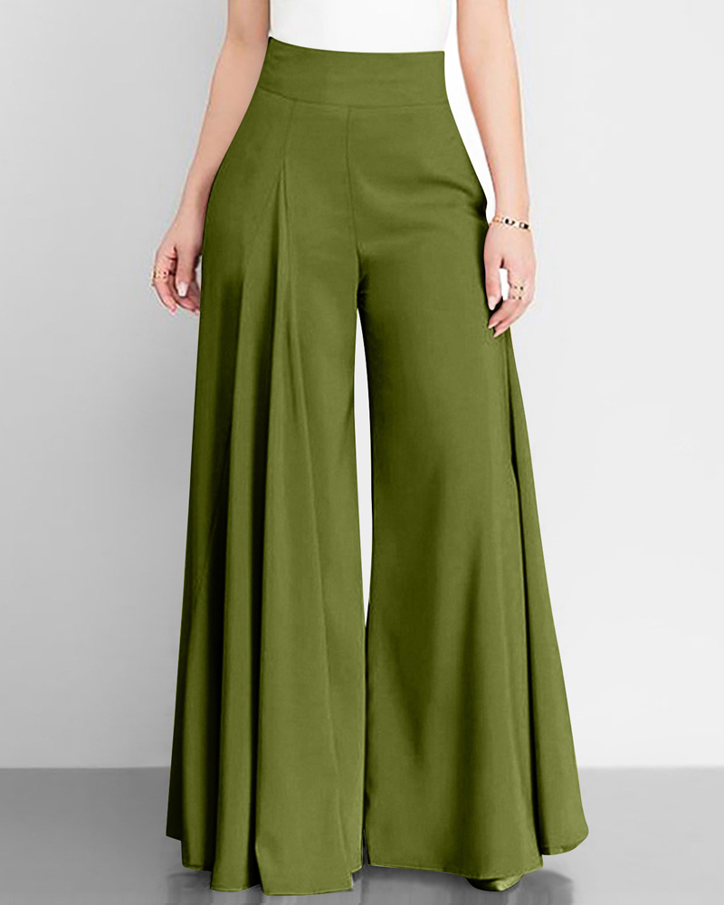 Solid Color High Waist Wide Leg Pants-Curvy-Faja