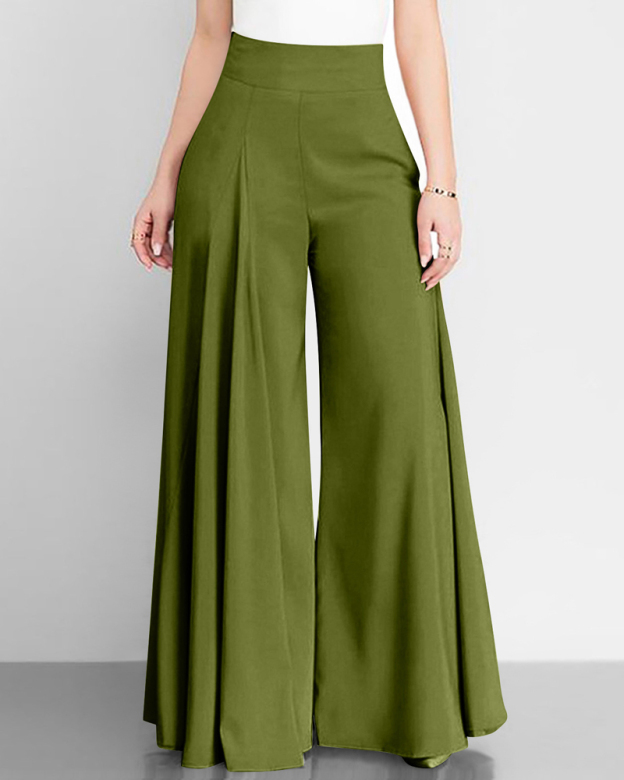 Solid Color High Waist Wide Leg Pants-Curvy-Faja